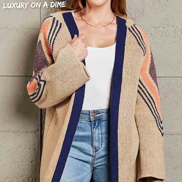 Fringe Retro Geometric Knit Duster Cardigan Sleeve Colorful Open Front Sweater - Picture 4 of 15